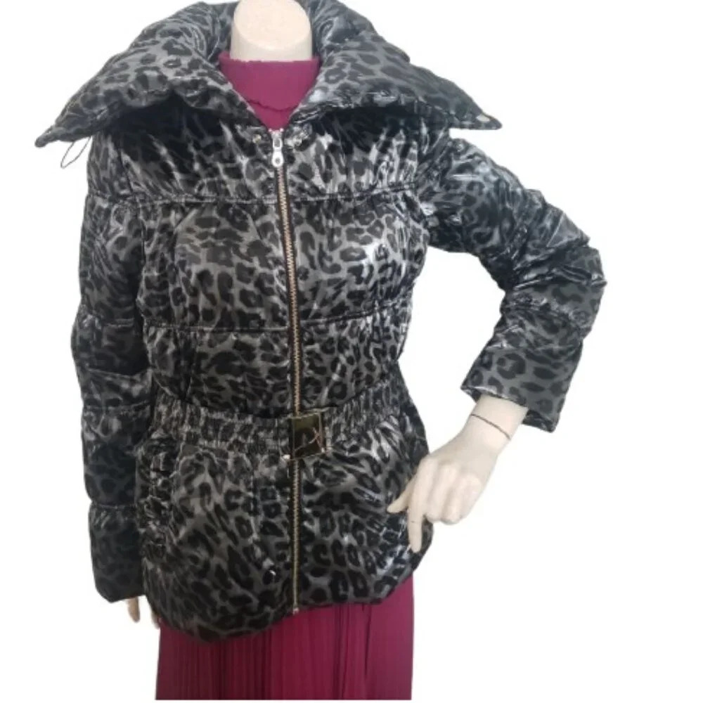 Shiny Animal Printed Gray/Black Belted  Puffy Jacket